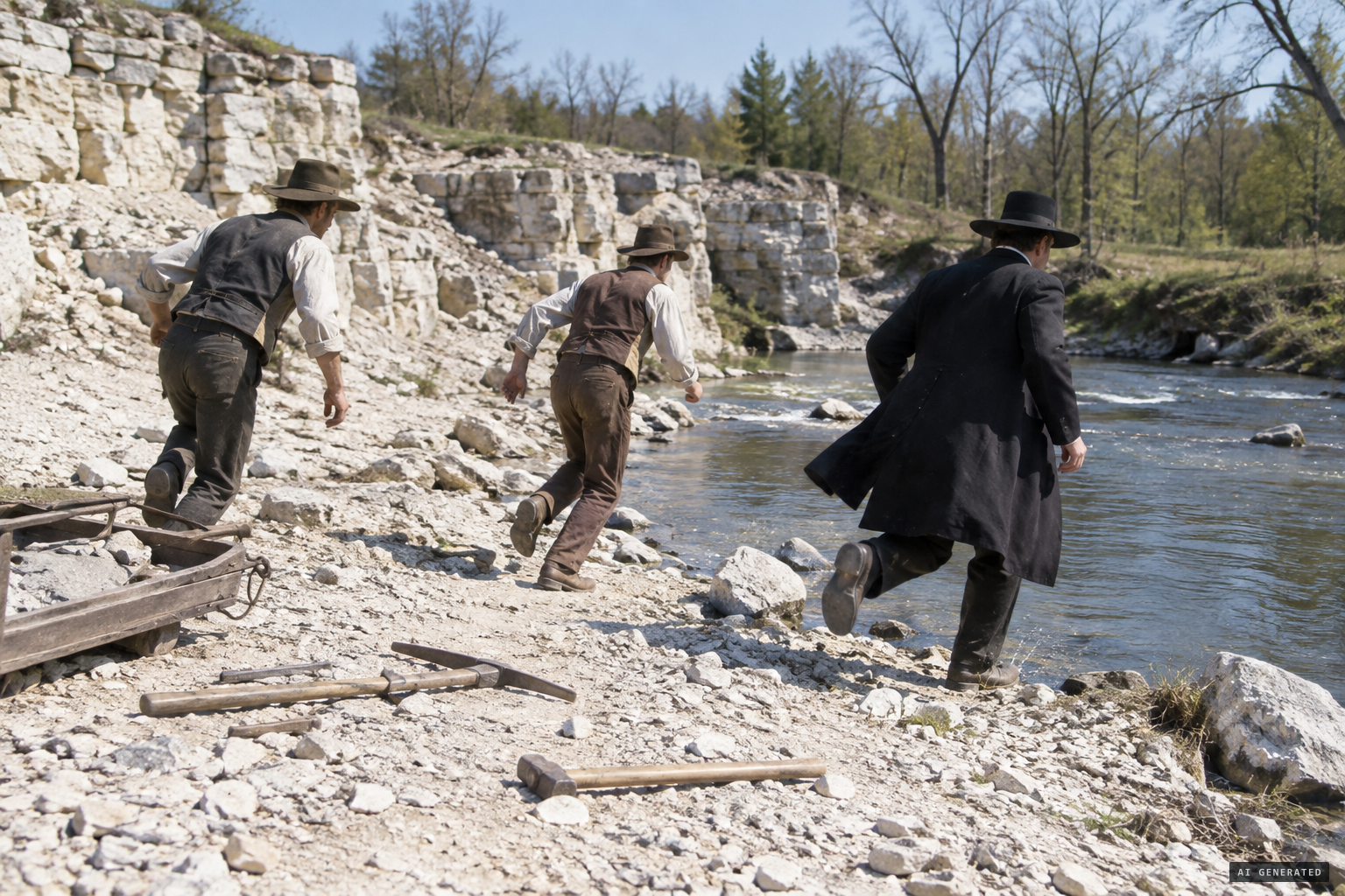 Rev. Jacob Horn, George Peterson and Allen Jordan run from the quarry