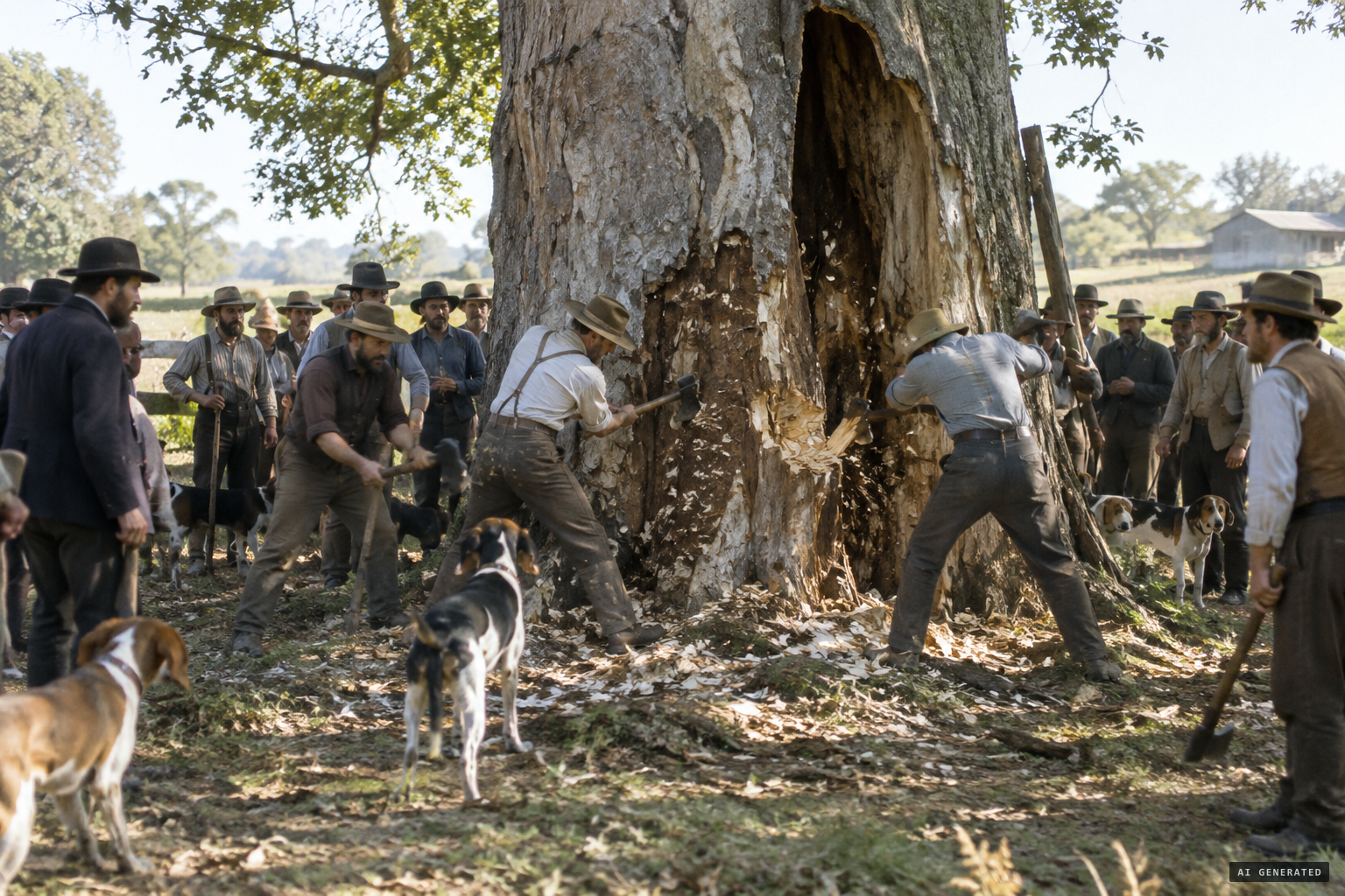 About sixty men with clubs, dogs and axes chop at the sycamore