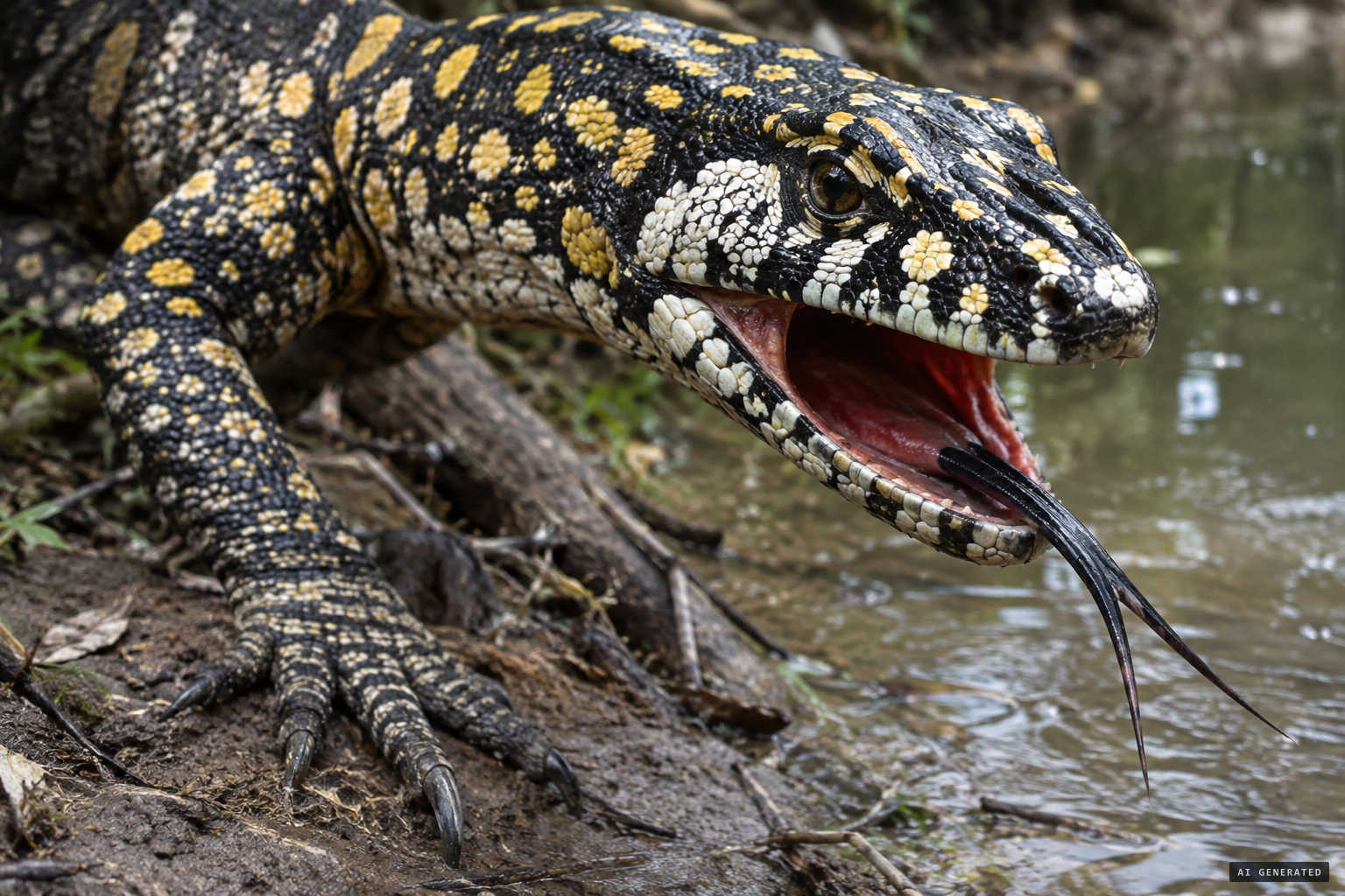 Black and white with yellow spots, forked tongue, deep red mouth