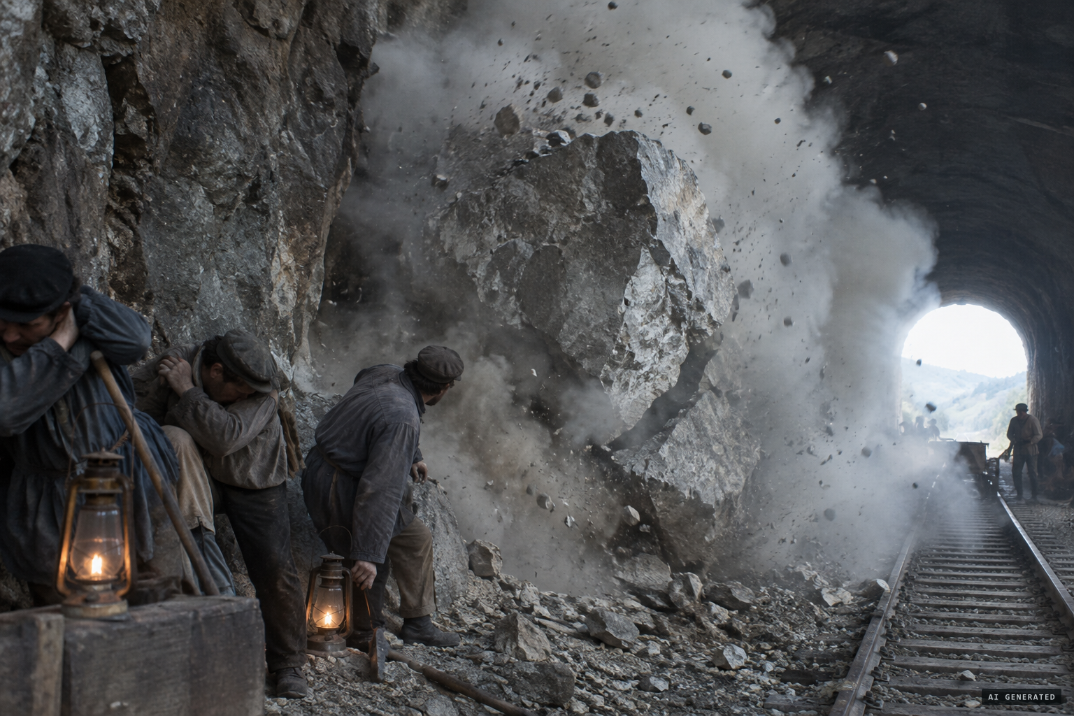 Workmen blast apart an enormous block of Lias limestone.