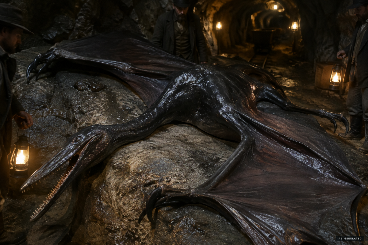 Size of a large goose, a 3.22-metre wingspan, a long toothed mouth and livid black oily skin.