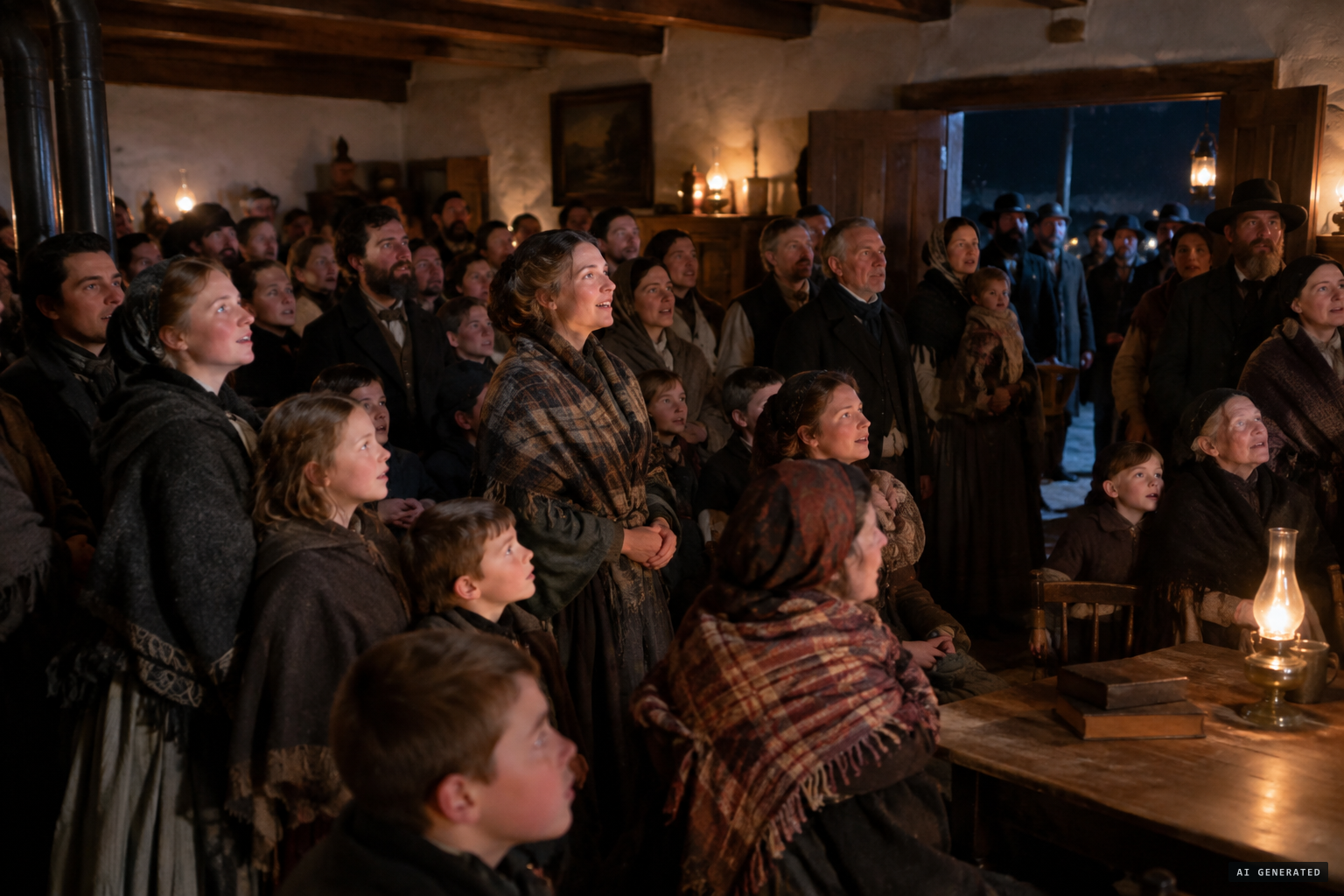 Over fifty locals gather as the voice sings hymns in a sweet soprano