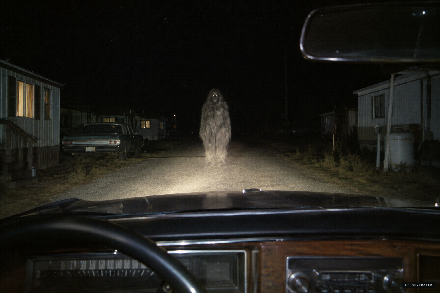 Returning from choir practice, the Browns catch the creature in their headlights