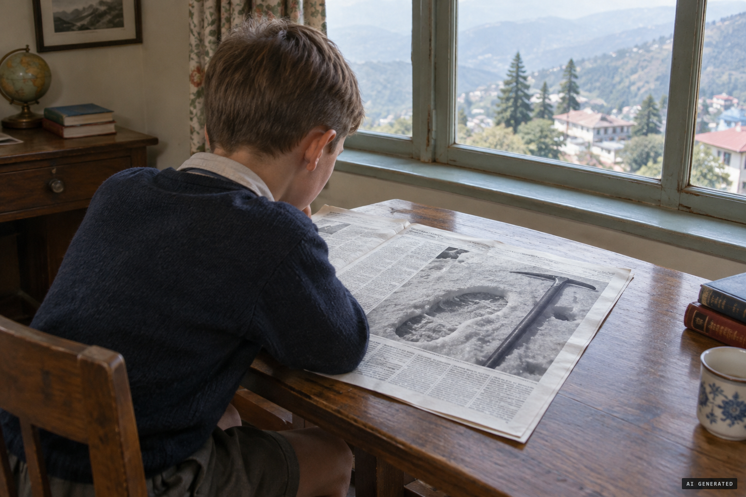 A boy in Mussoorie sees Shipton's Yeti footprint photo in The Statesman