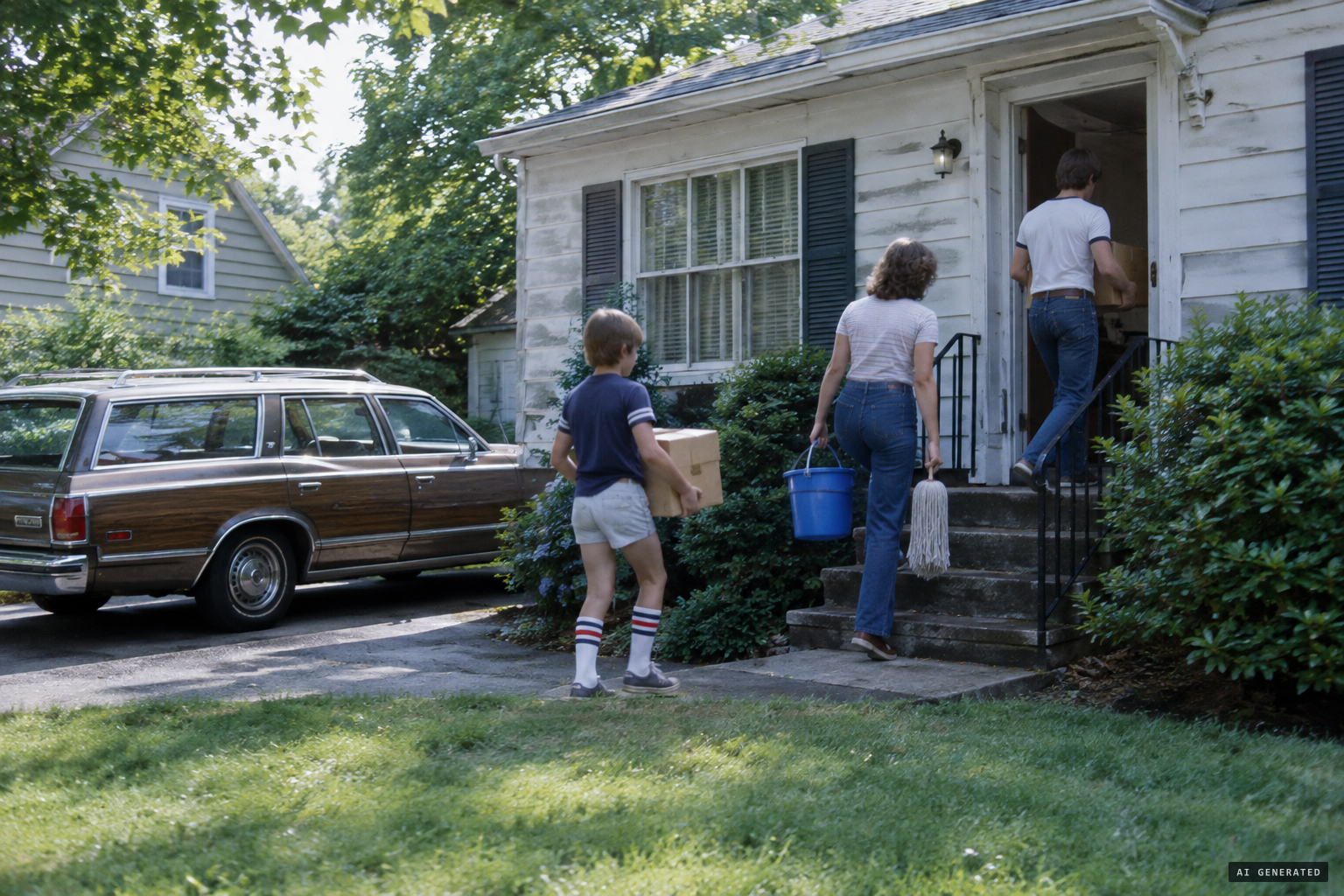 Debbie, Arne and young David arrive to clean the Brookfield rental house, summer 1980