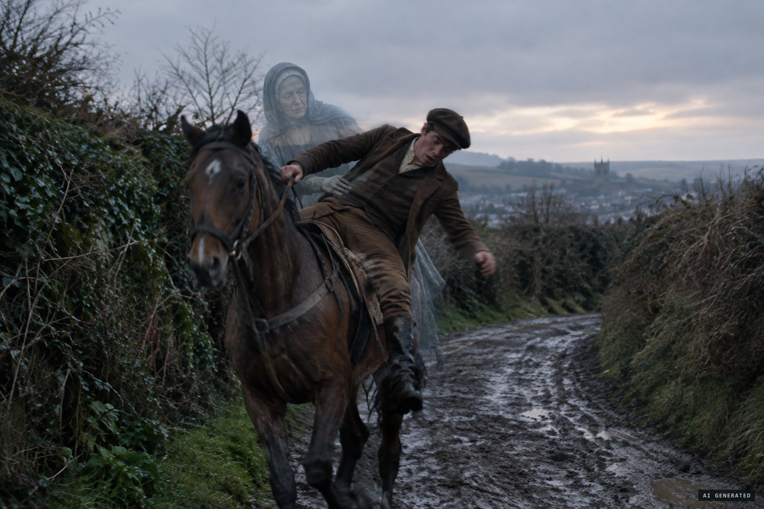 On the road home, an old gentlewoman rides behind Fry and throws him off