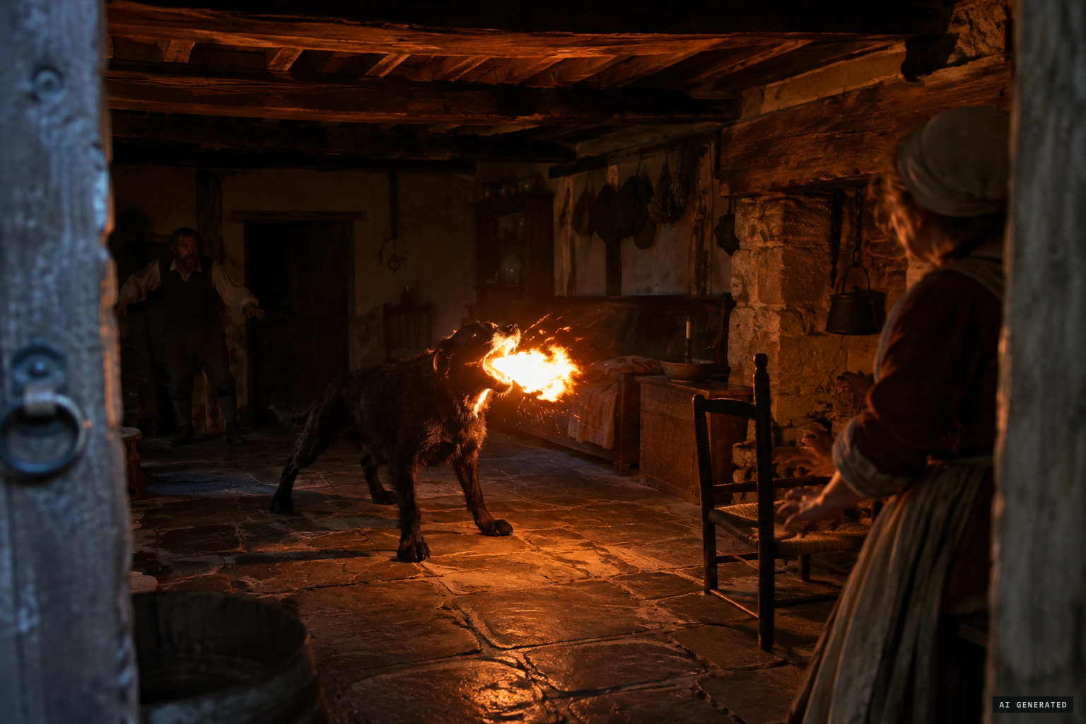 The dead wife's spectre appears as a dog belching fire
