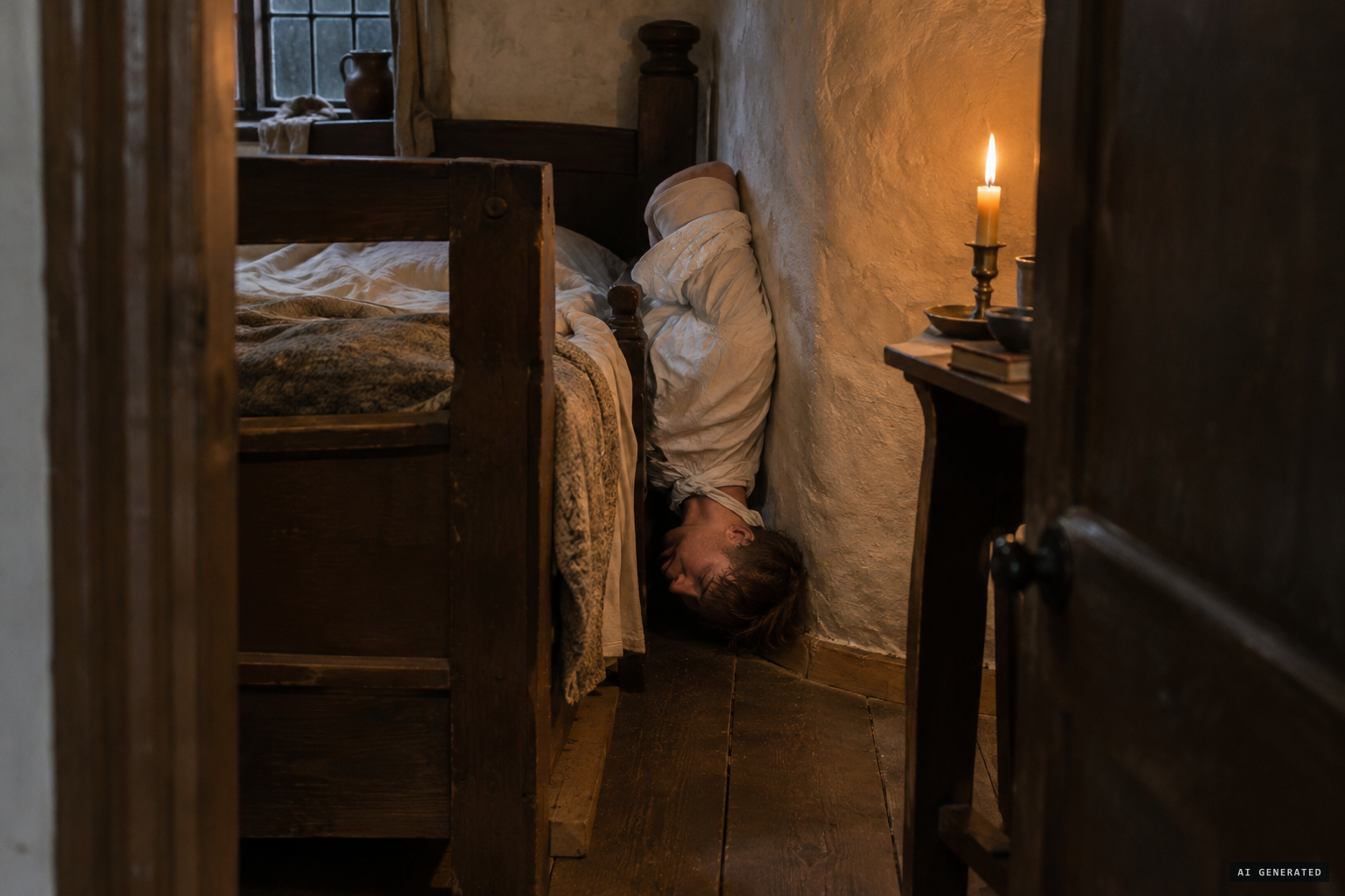 Fry's head is thrust between bed and wall; cravats nearly strangle him