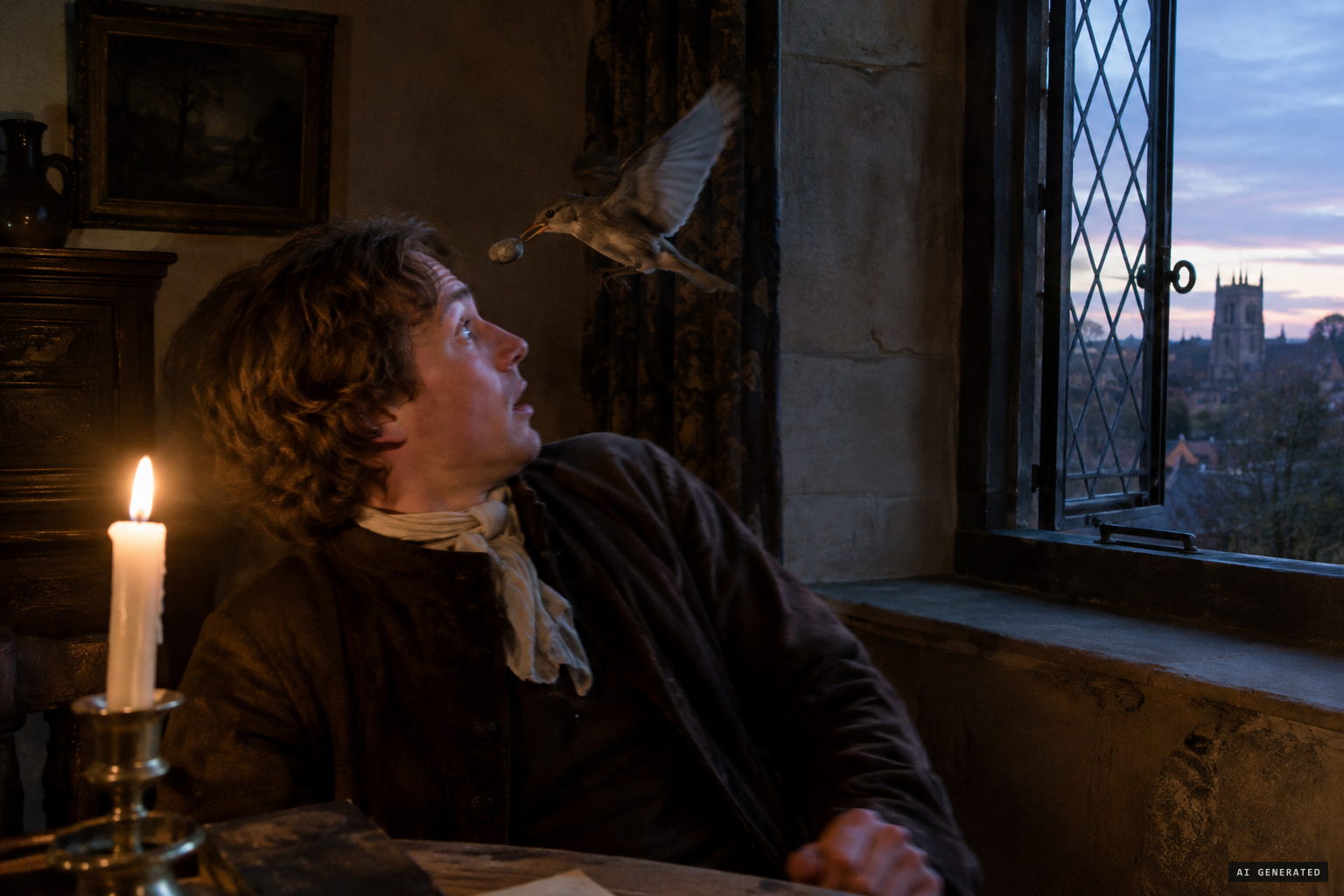 At Crediton, a bird flies in and strikes his forehead with a stone