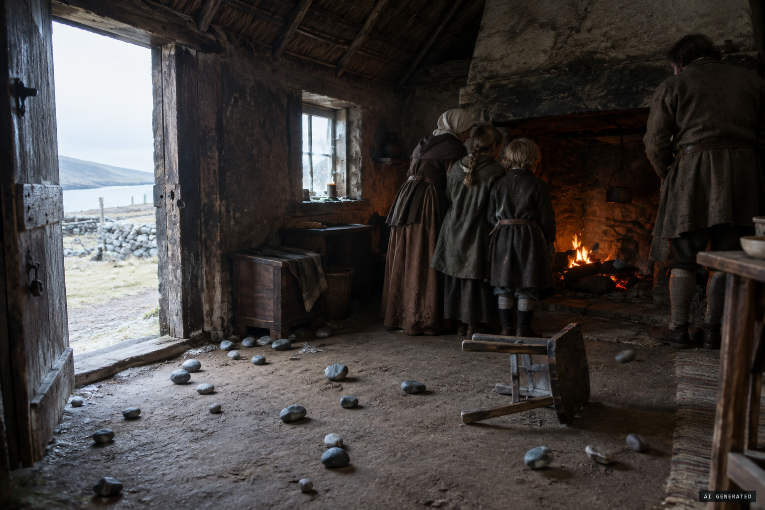 Stones come in at the doors, windows and chimney, hurting no one