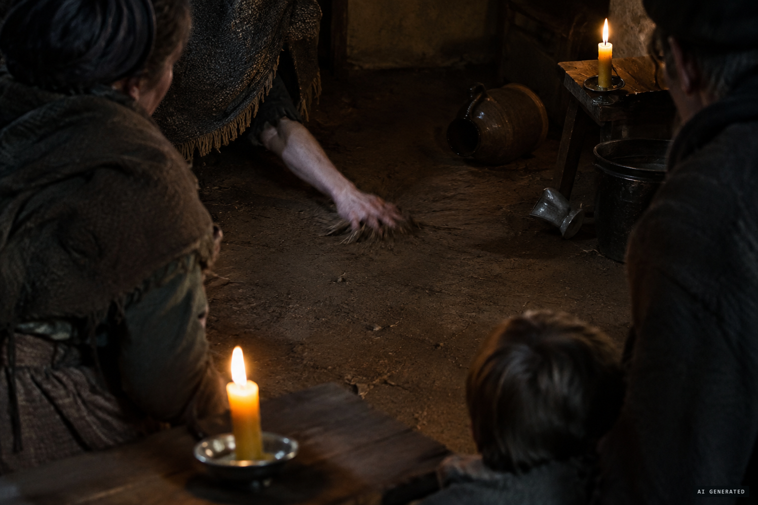 A naked hand and arm beats the floor until the house shakes