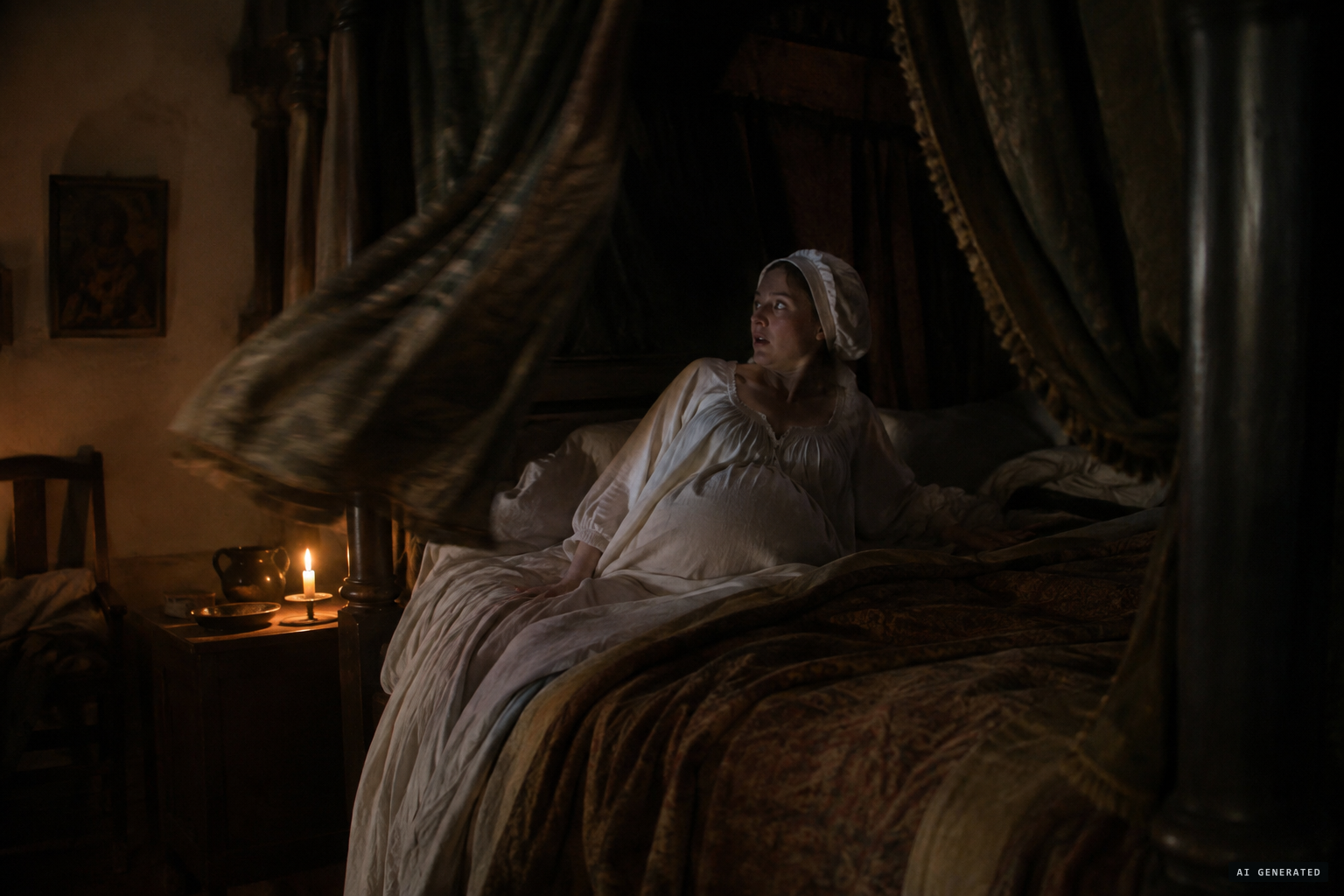 Something draws the pregnant wife's curtains with great noise and violence