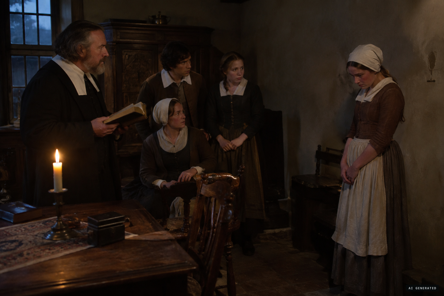 The voice recites prayers, sings psalms and bawdy songs, and mocks the maid