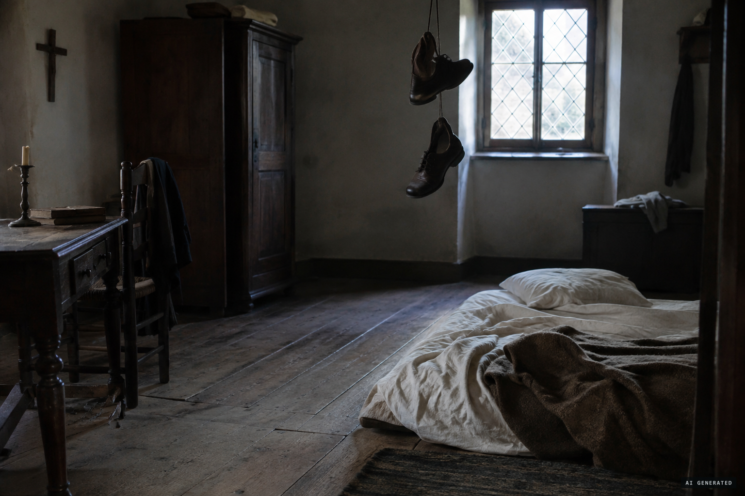 Bedding laid on the floor, shoes flying about the room