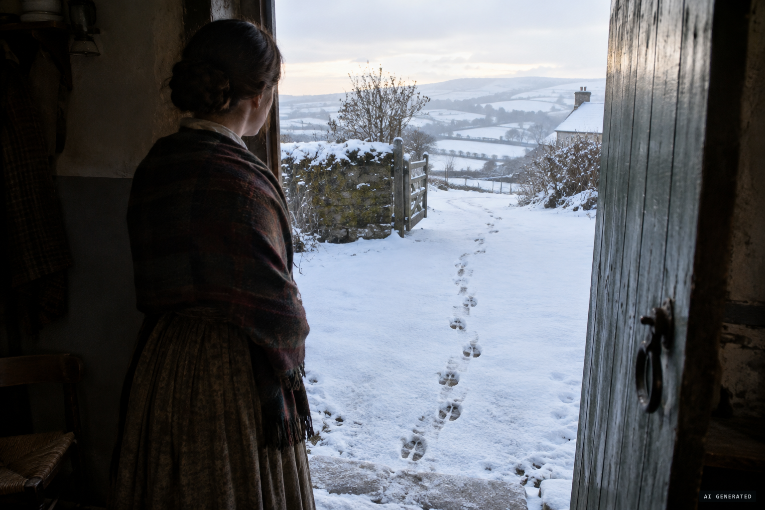 The trail approaches a house door, then retreats.