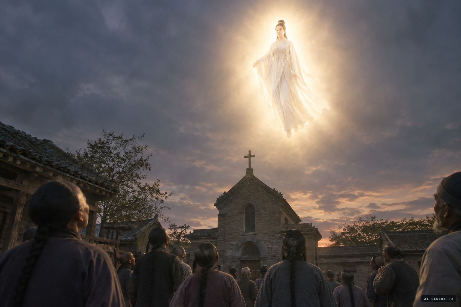 A woman in white, surrounded by light, floats above the church