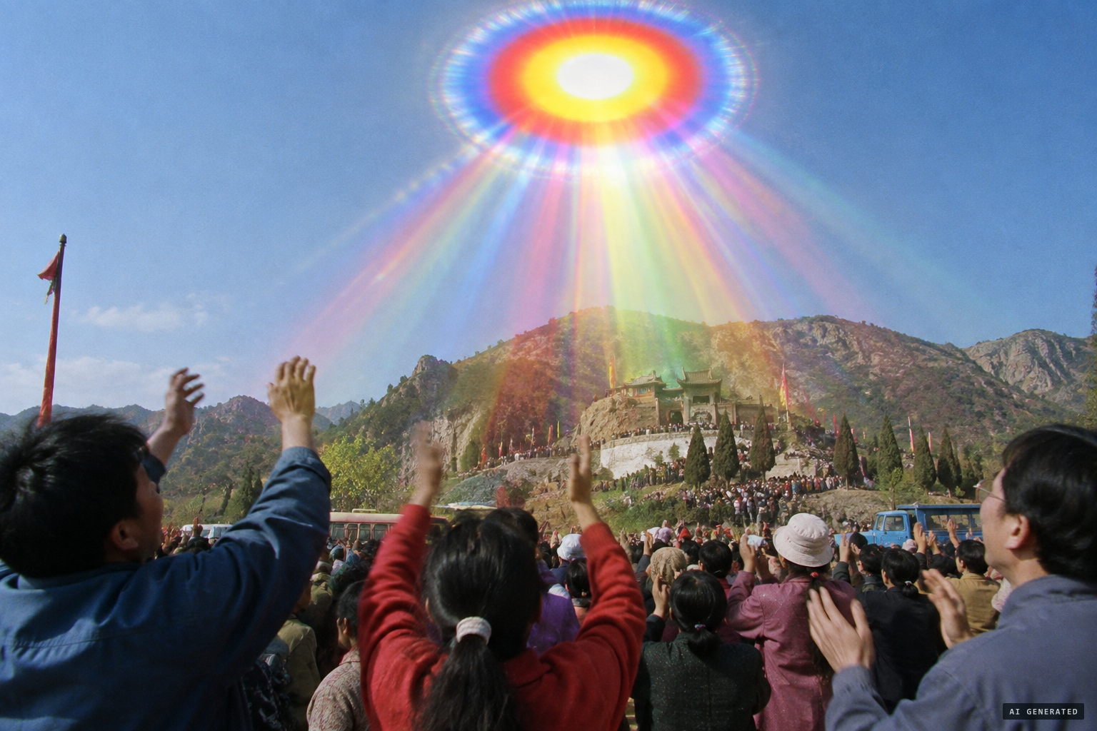 A white host at the centre, the sun turning yellow, red, blue, rays pouring down