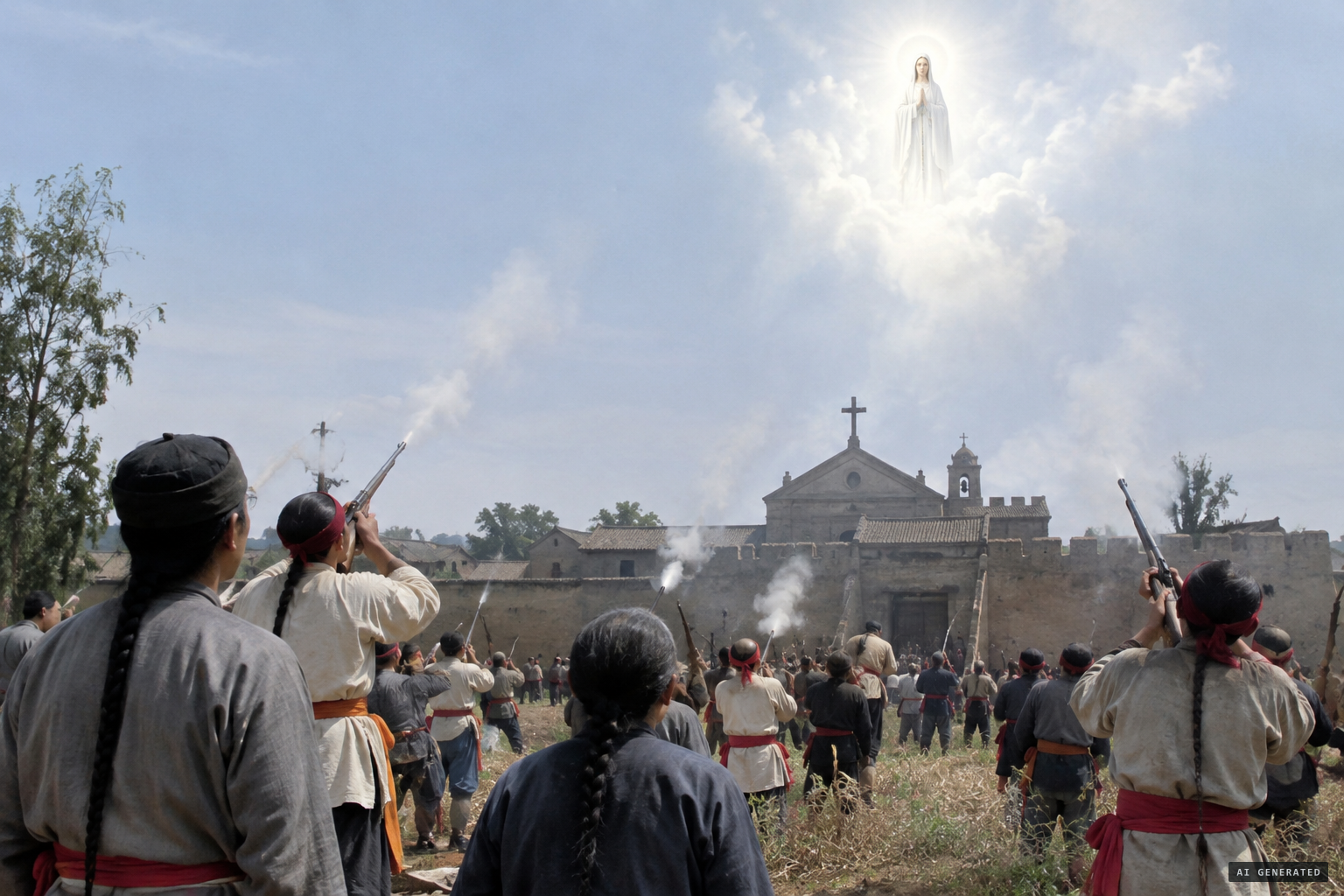Hostile forces fire at a lady in the sky over Donglü in 1900