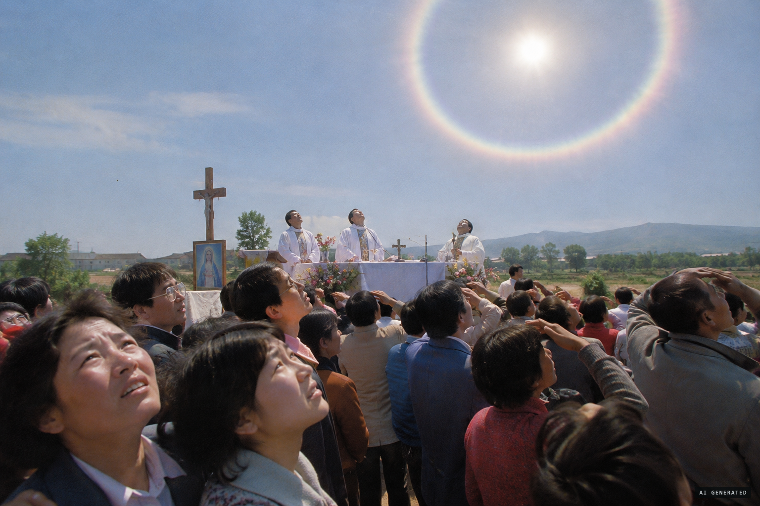 The crowd watches the sun spin and change colour