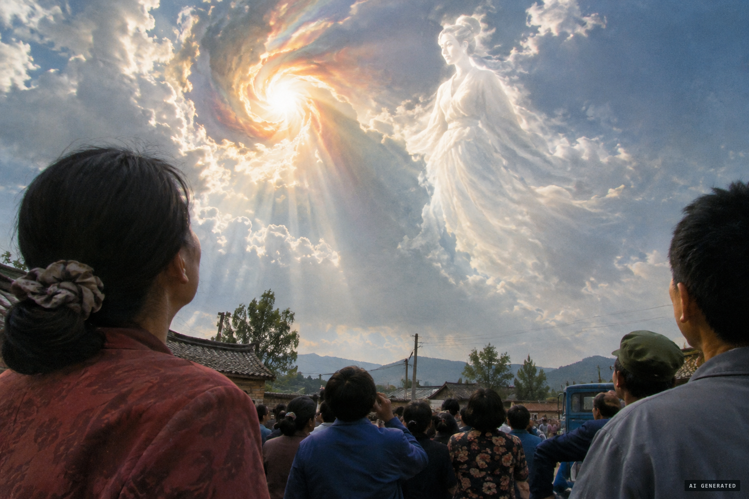 The clouds open into the shape of a lady all in white