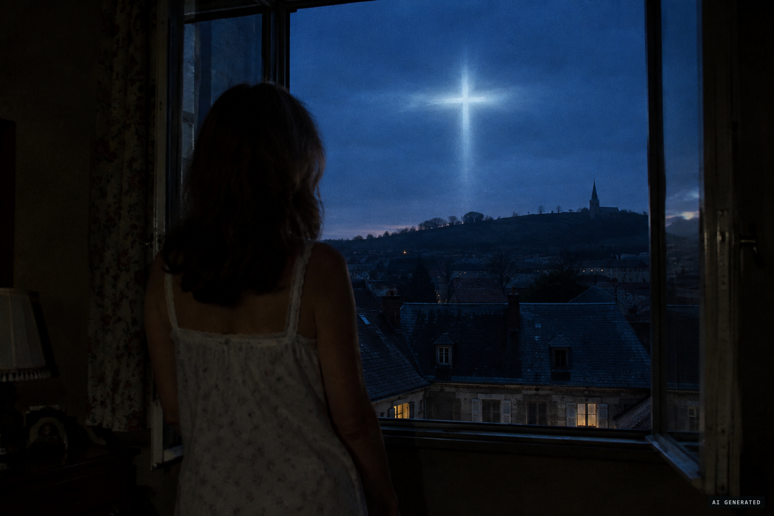 From her window, a huge luminous cross forms in the sky