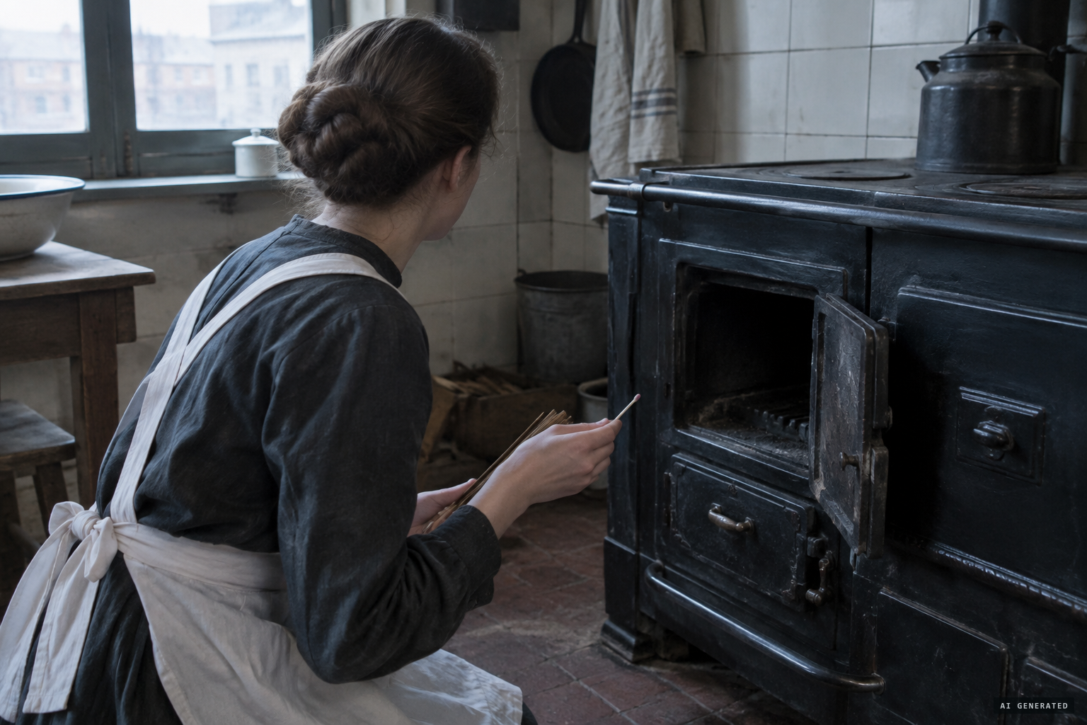Pascuala Alcocer about to light the coal stove when a voice speaks from inside