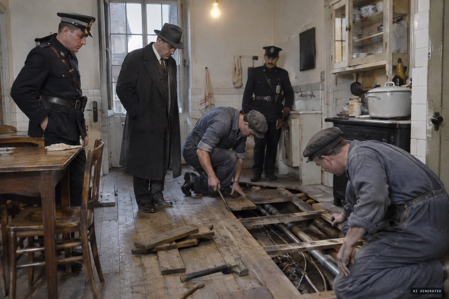 Police under Commissioner Pérez Soto lift floorboards and search for a hidden device