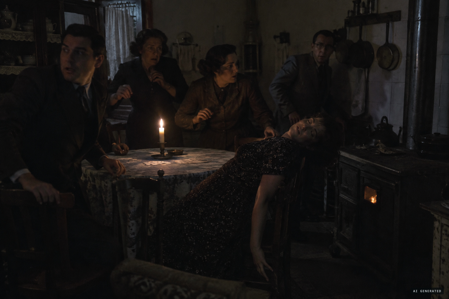 A medium reportedly collapses during a séance meant to contact the voice