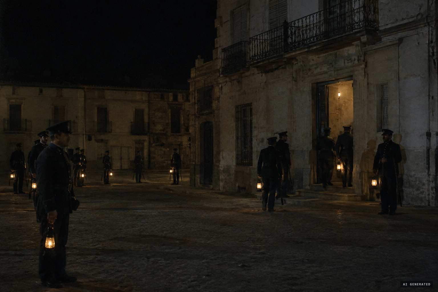 About 40 guards search the building and surround the block