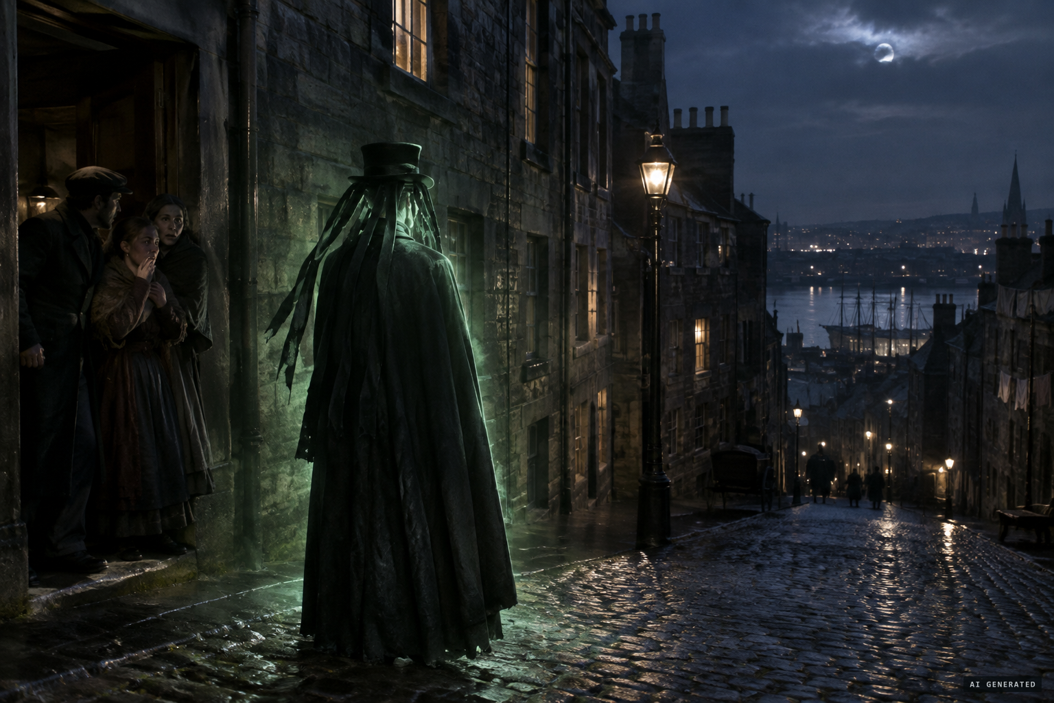'Springheels', cloaked and hung with crape, turns luminous