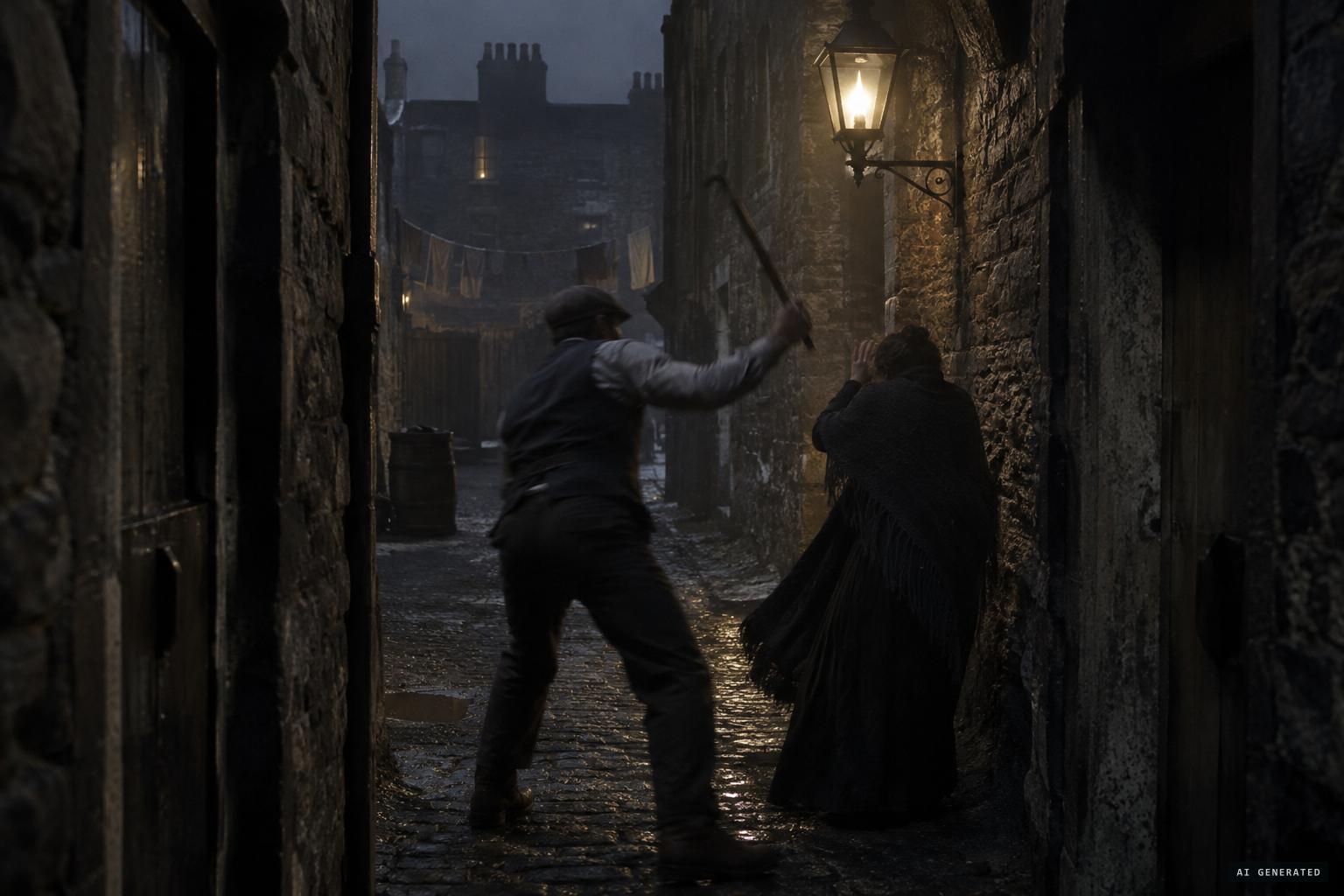 A man strikes a shawled woman with a poker, taking her for the ghost