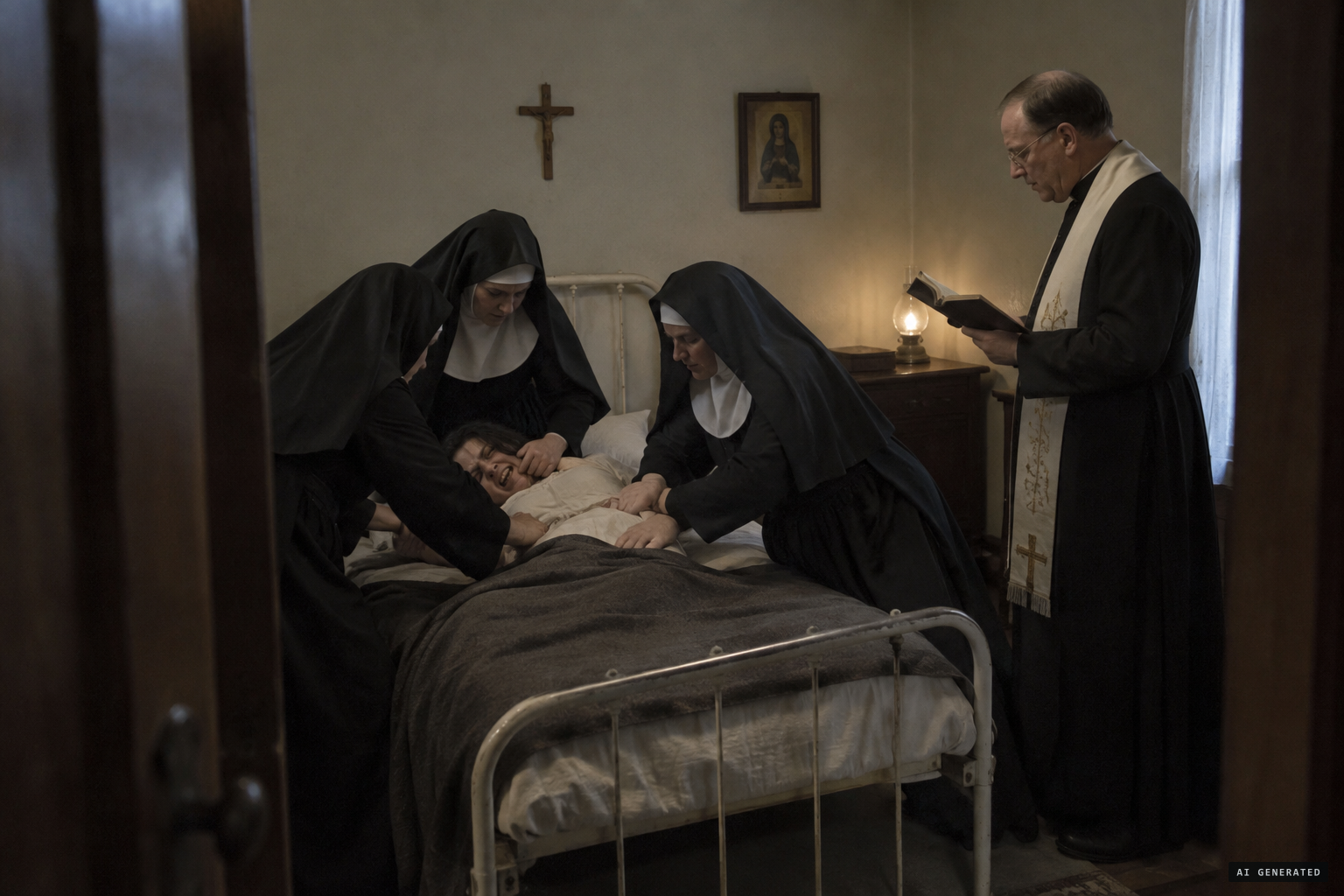The sisters hold her down as the exorcism begins in the Earling convent