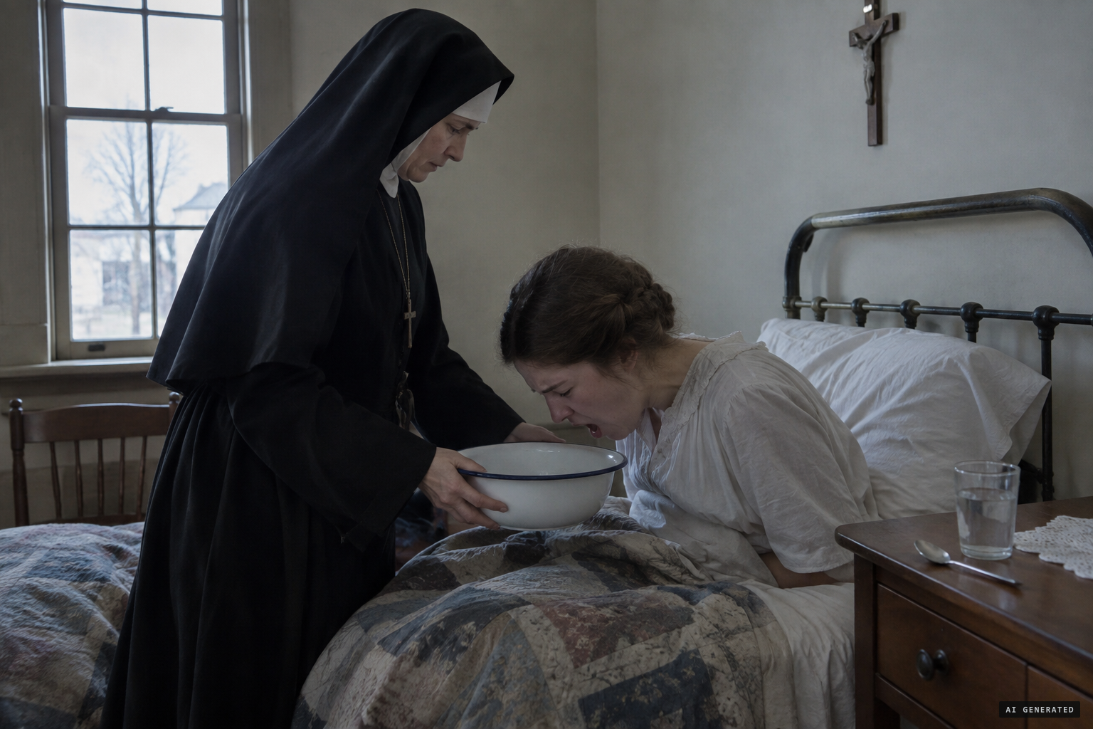 She vomits ten to twenty times a day, though she has taken almost nothing