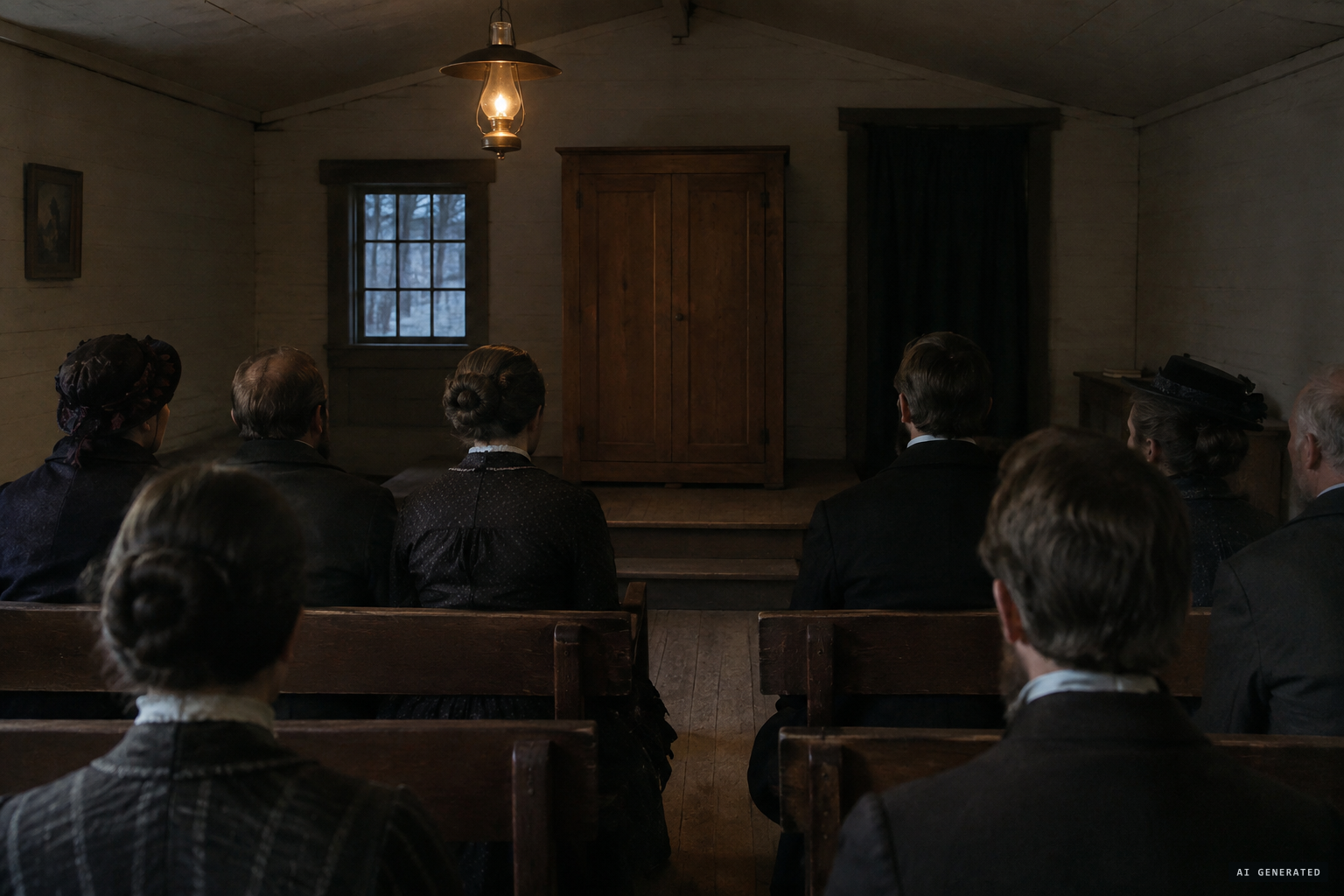 The wooden cabinet on its raised platform, with William Eddy inside