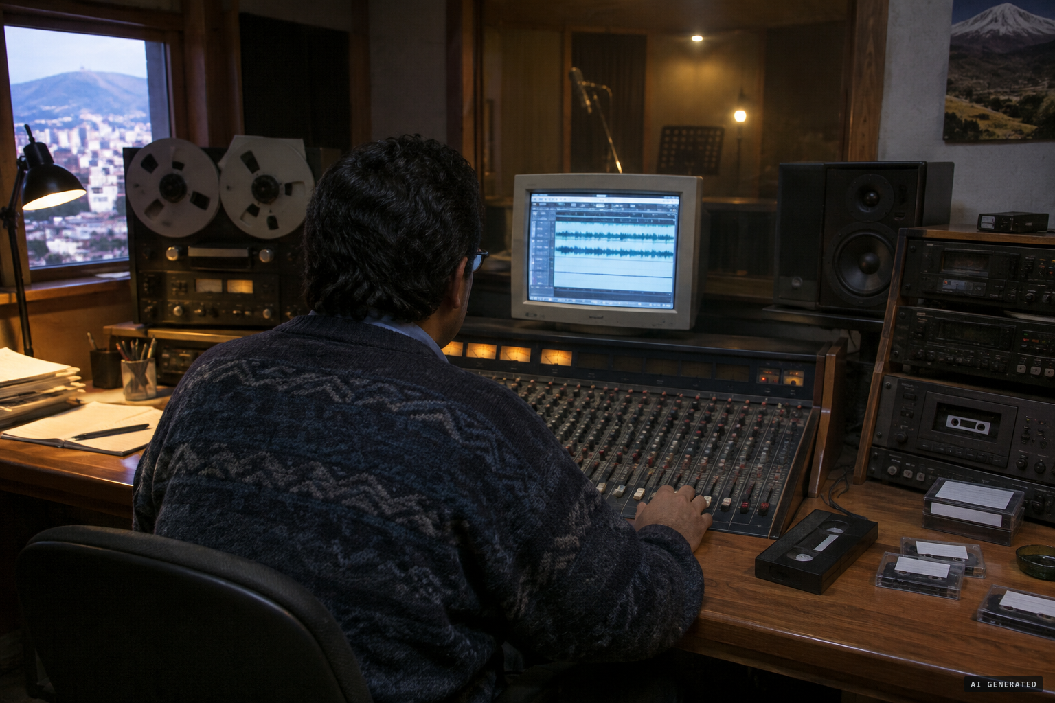 Sound engineer Hugo Rekalde examines the recordings of the two voices