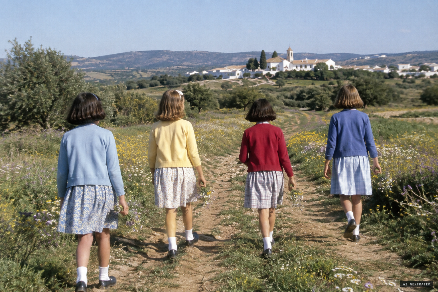 Four schoolgirls walk out to La Alcaparrosa to pick flowers for the Virgin