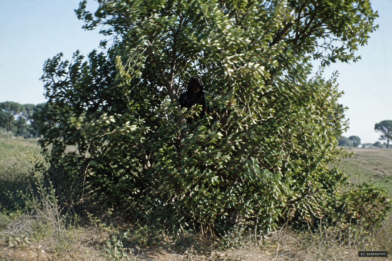 The branches of the mastic bush move, and a figure seems to be inside