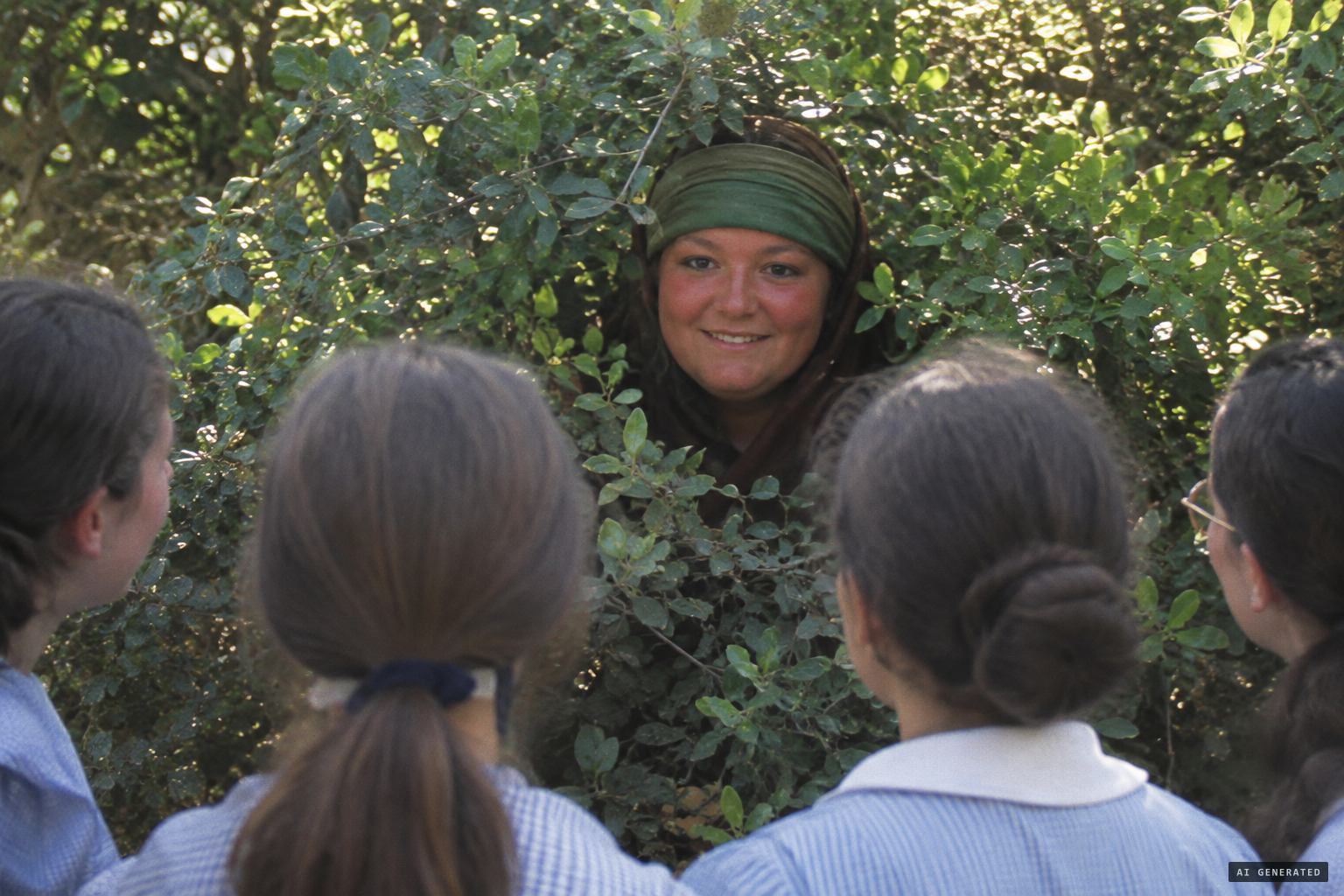 The beautiful lady in the mastic bush: round rosy face, green headband, brown mantle, smiling
