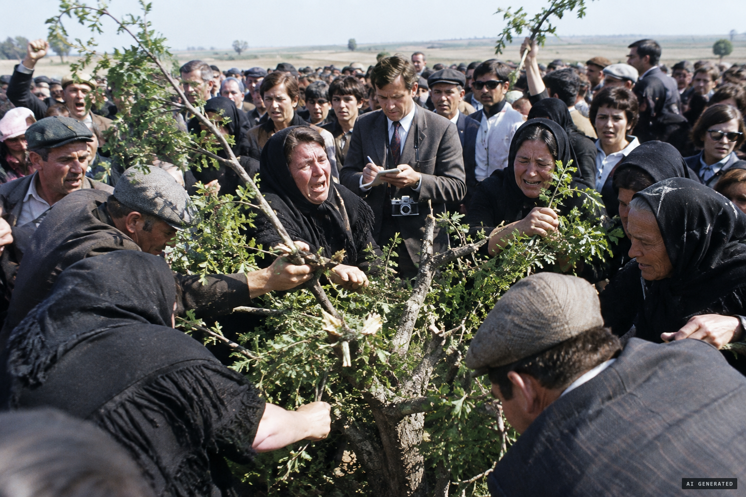 Thousands surround the bush as visitors cut branches for relics