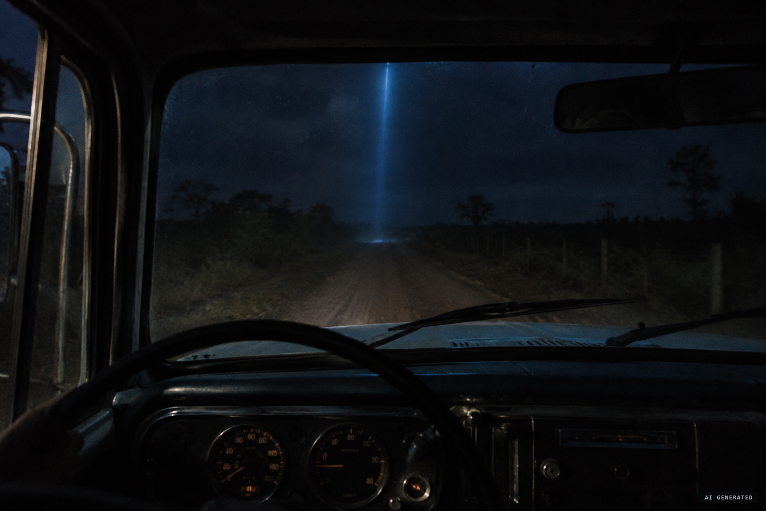The headlights blink and a blue ray comes down toward the truck