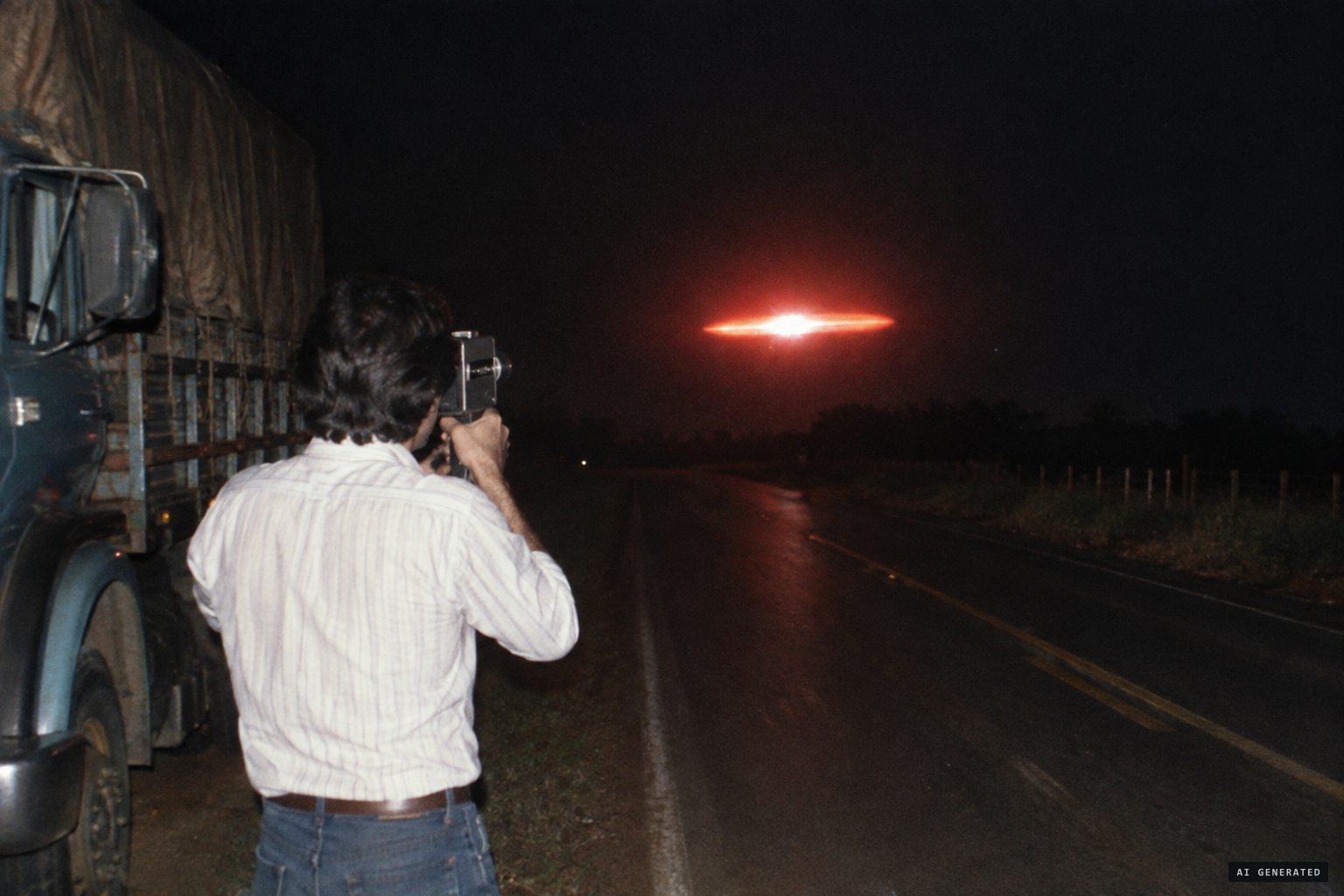A fiery red cigar shape flashing white, filmed on Super-8 for 8 seconds