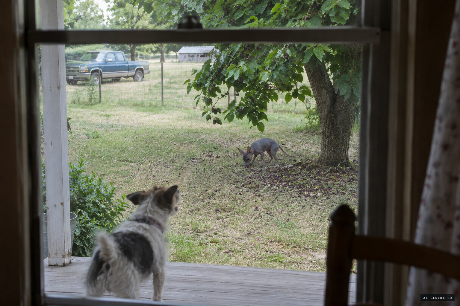 The terrier's unusual bark, and the odd little animal eating mulberries under the tree