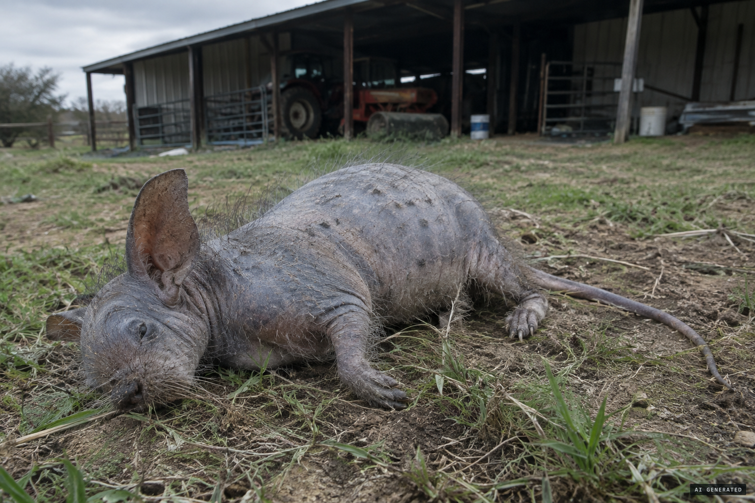 Bluish-grey, nearly hairless, spotted hide, tiny feet and a rat-like tail