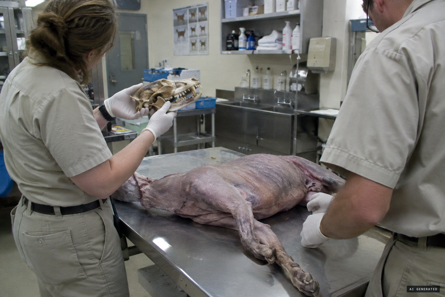 San Antonio Zoo staff examine the remains; the skull resembled a coyote's