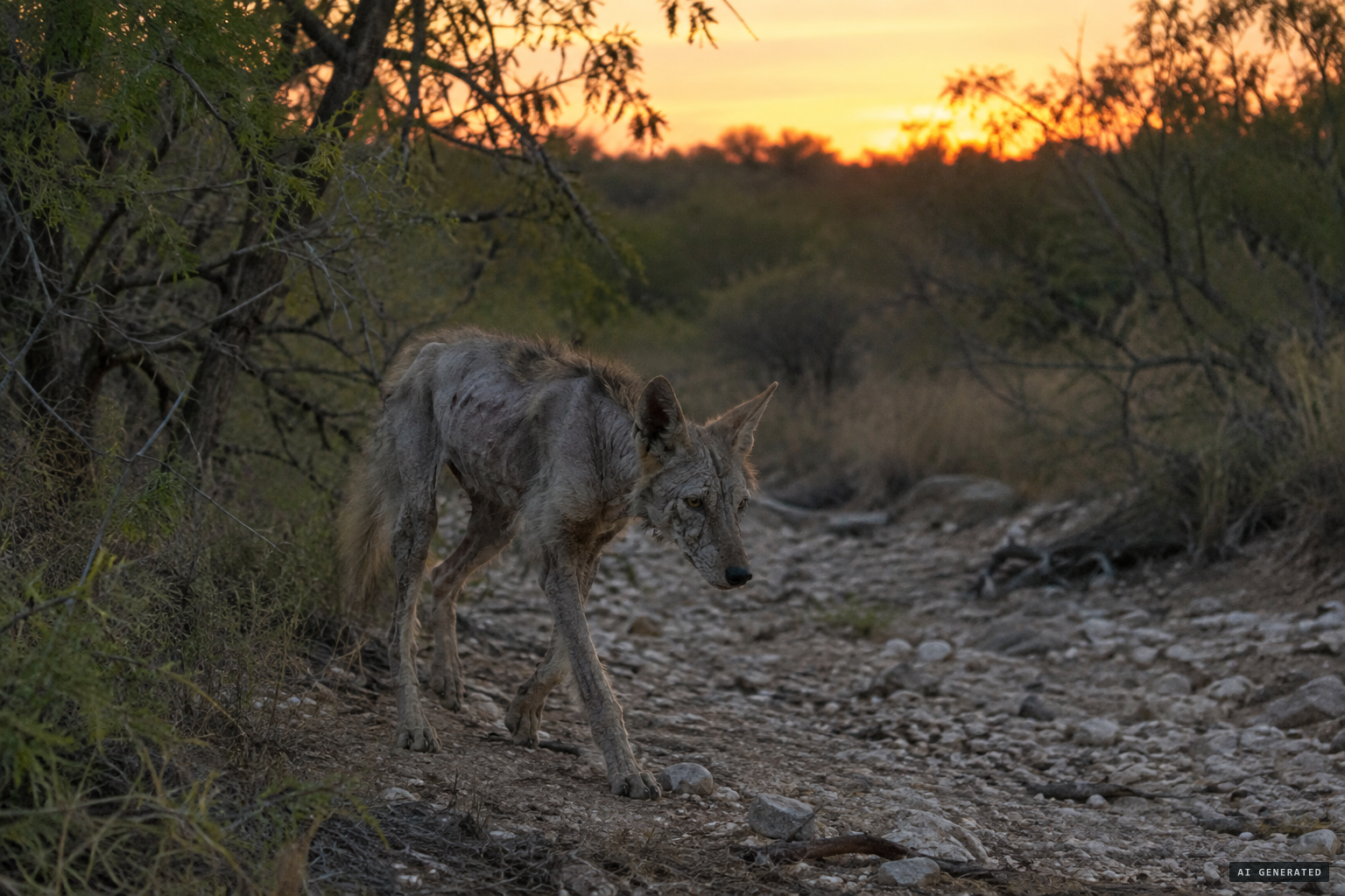 A mange-infected coyote: little fur, thickened skin