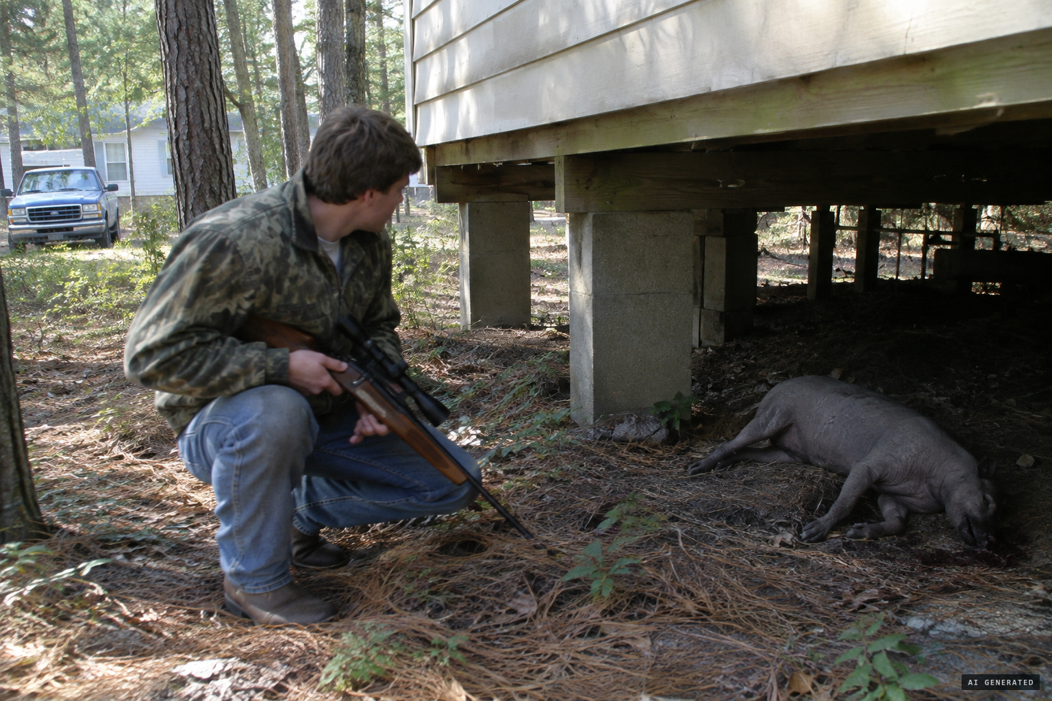 In Pollok, a hairless grey animal shot under the family house