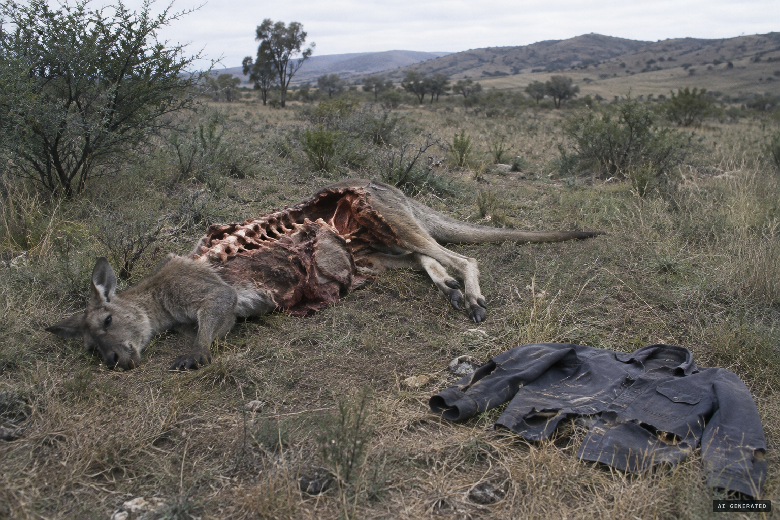 The kangaroo carcass ripped to shreds, McElroy's jacket torn to pieces