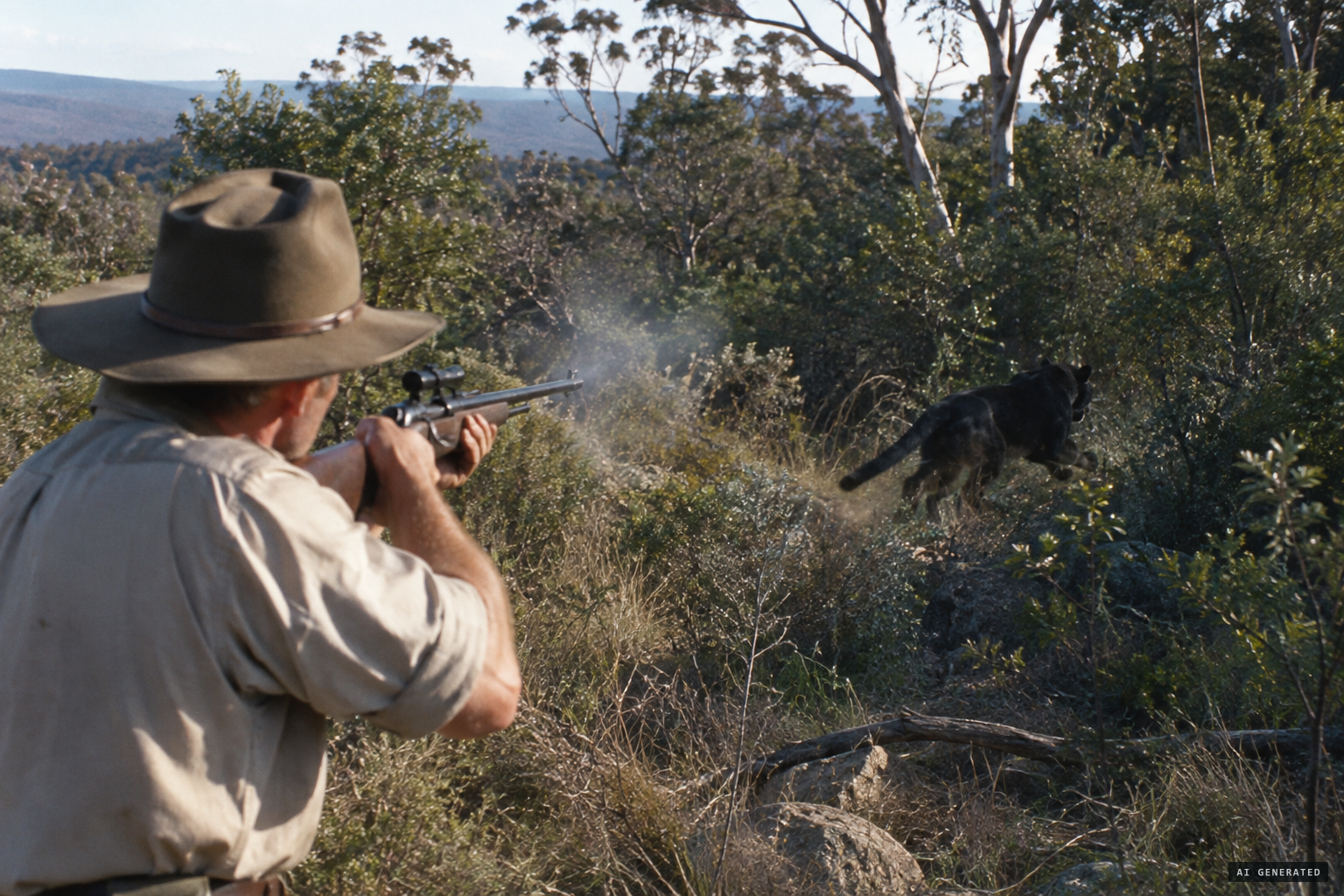 A station owner shoots at a large black panther, which runs off wounded
