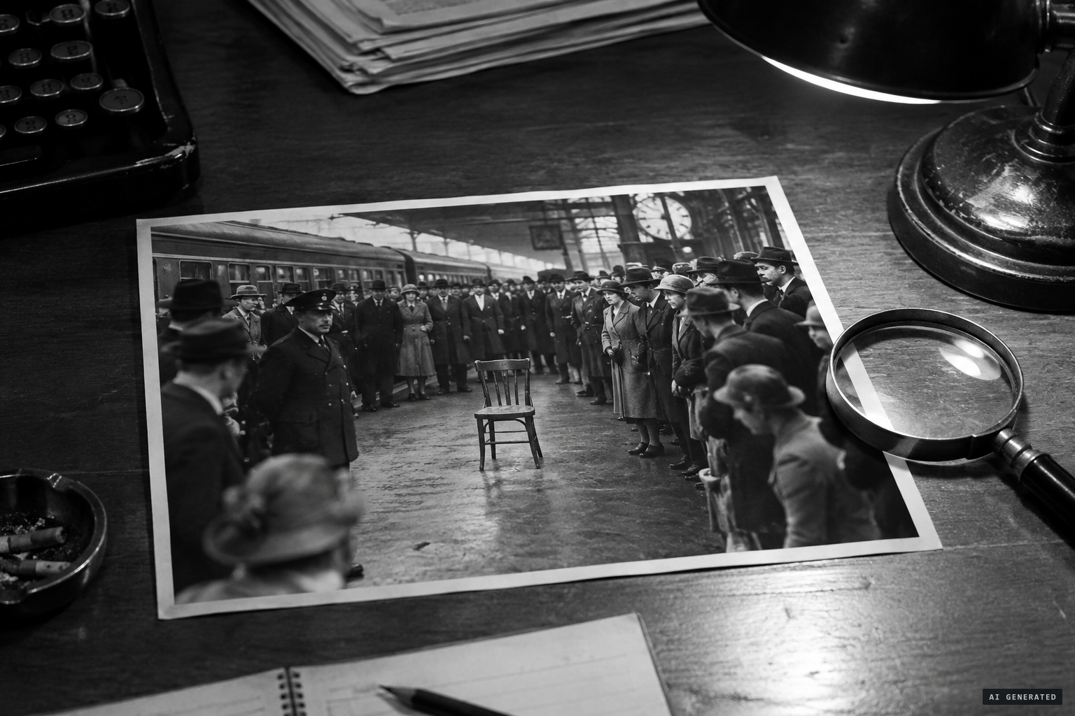 The press photographs show an empty chair