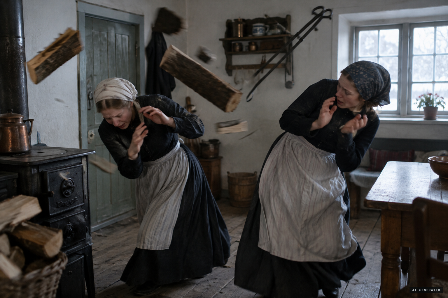 Firewood and tongs fly through the air and seem to chase the maids